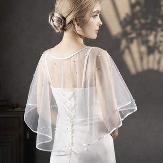 1pc Faux Pearl Embellished Edge Short Wedding Shawl, Bride Bridal Dress Accessory Shoulder Wrap For Wedding, Couple Proposal