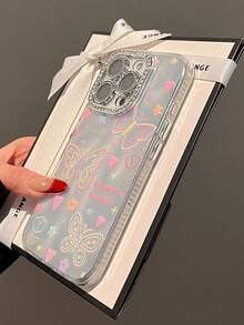 Minimalist Colorful Line Butterfly, Heart, Flower Rhinestone Decor Phone Case Compatible With IPhone 16 Pro Max/15 Pro/14 Pro/13 Pro, Silicone Protective Cover For Women, Unique Design Waterproof Shockproof Anti-Fall Scratch Resistant - Silver - View 5