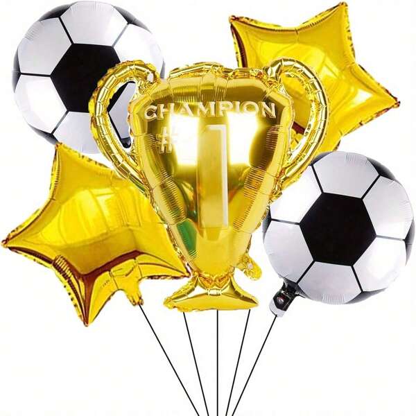 Set de 5 globos de trofeo de campeonato de fútbol, equipado con un trofeo de campeonato, un globo de aluminio con forma de estrella de cinco puntas de fútbol, muy adecuado para la noche del , eventos deportivos, decoración de fiesta de cumpleaños con tema deportivo y accesorios para fotos