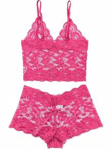 Floral Lace Lingerie Set High Waist Sleepwear Bra And Panty 2 Piece Nightwear 2025 Back-To-School Season Fall Pjs - 玫紅色 - 查看 5