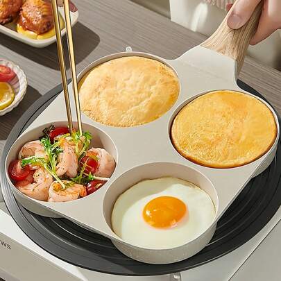 Omelet Pans Home Four-Hole Omelet Pan Egg Burger Pan Gas Induction Stove, 3-In-1 Non-Stick Divided Grill Pan, 3 Section Fried Egg Pan For Gas Stove Top And Induction Cooker - Perfect For Breakfast, Eggs, Bacon