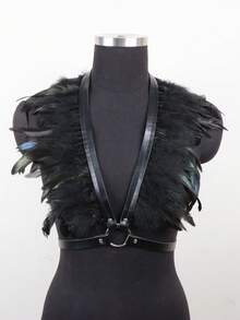 ROMWE Grunge Punk 1pc Black Feather Harness Belt For Women Gothic Feather Shawl Strap Tiara, Witch, Festival Outfit Beach Party Cosplay Props Dancer, Rave ,Outdoor Music Festival Dress