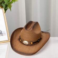 Vintage Cowgirl Hats For Women Men Classic Western Hat Floppy Straw Hat With Leather Belt - Khaki - View 3