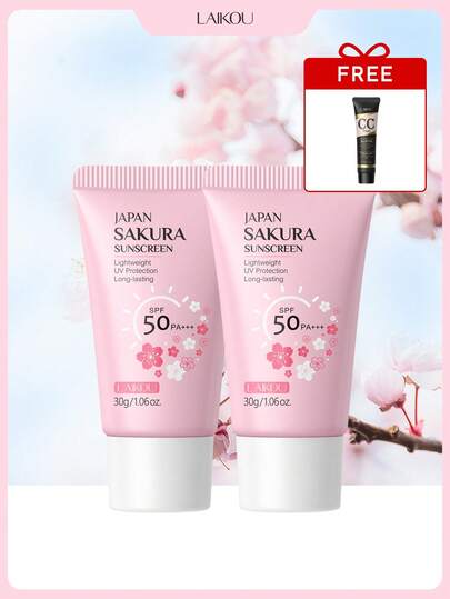 LAIKOU 2支莱寇日本樱花亮白防晒乳液，30克*2，SPF50 PA+++，赠送1支CC霜。防水防晒，有效阻隔紫外线，适合旅行、露营、徒步、登山、户外活动、海滩、夏季护肤，女性和女孩适用。