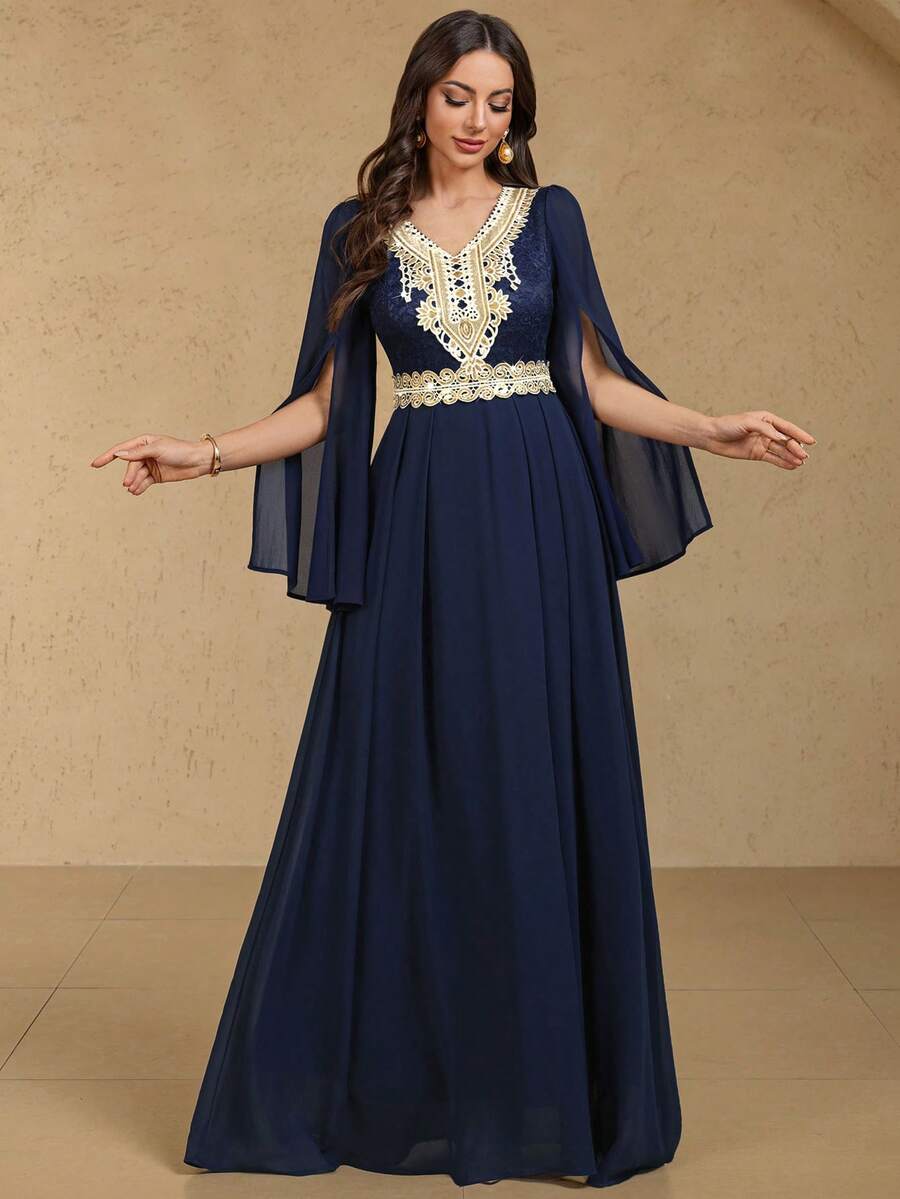 MIUSOL Đầm maxi dài tay bằng chiffon, ren hoa thanh lịch, viền xếp nếp, thích hợp cho các bữa tiệc trang trọng, mang phong cách Ả Rập duyên dáng.
