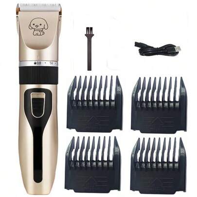 1 件专业宠物美容套装 - USB 充电电动修剪器，配有厚陶瓷刀片、刷子和测量工具套装，适用于猫和狗