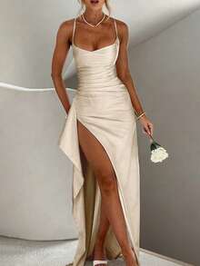 Elegant Sexy Satin Strapless Off Shoulder Frill Trim Waist Party Dress, Bridesmaid Gown, Formal Ball Gown