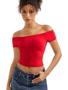 Women Double Lined Off Shoulder Tops Fitted Going Out Basic Shirts - Dream Red - View 4