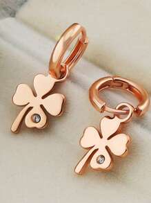 1 Pair Gold-Plated Four-Leaf Clover Rhinestone Earrings, Suitable For Daily Wear