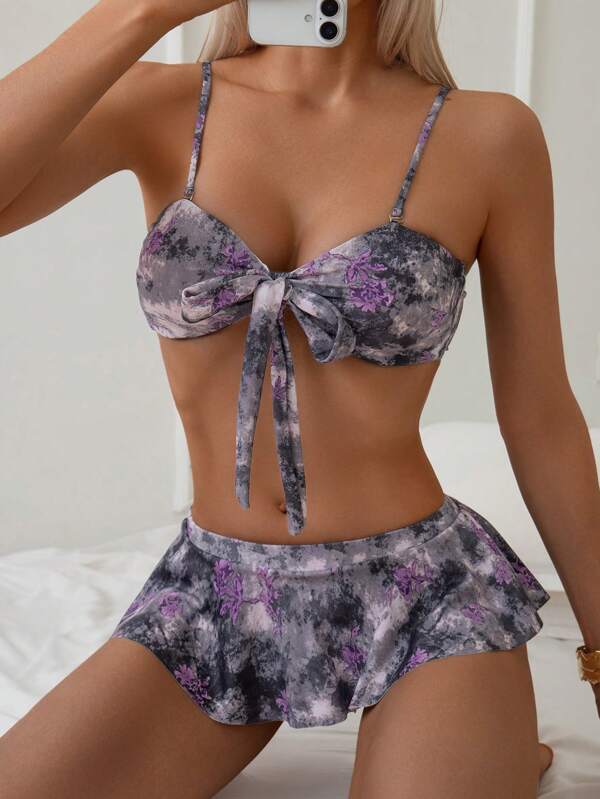 2025 New Leaf Print All-Over Pattern Cute Bohemian Bowknot Lace Patchwork Twist Ruffle 2pcs Swimwear, Beach Vacation, All Season