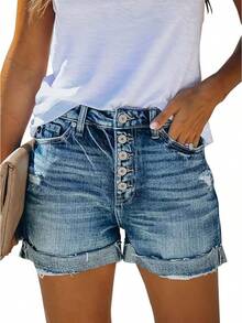Shorts de mujer CHICZONE con tiro medio-alto, rasgados y elásticos - #2 Azul - Ver 1