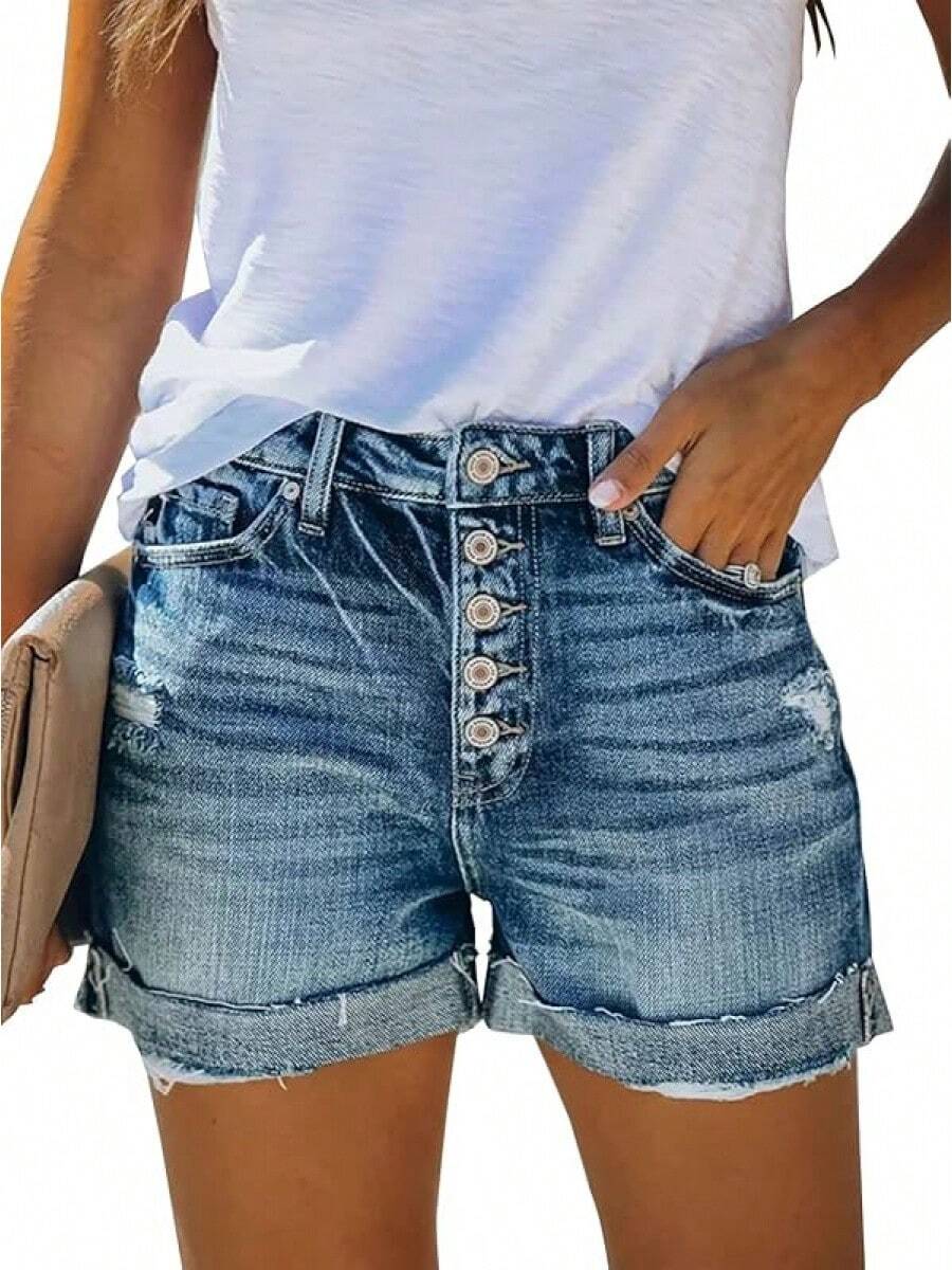 Shorts de mujer CHICZONE con tiro medio-alto, rasgados y elásticos - #2 Azul - Ver 1