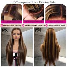200% 密度高光渐变色长直发蕾丝前假发混合头发 13x4 高清透明高光骨直发蕾丝前假发 P4/27 色蜂蜜金色直发蕾丝假发适合日常使用 8-34 英寸无胶预拔自然发际线带婴儿头发 - S4/27 - 查看 3