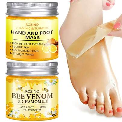 2pcs Yellow Hand & Foot Mask Set, 50g Bee & Chamomile + 50g Turmeric Vitamin C, Enriched With Turmeric, Vitamin C, Bee & Chamomile Honey, Moisturizing For Hands & Feet, Refreshing Fragrance, All-In-One Hand & Foot Care, Suitable For All Skin Types, Men & Women. Apply And Rinse For Smooth, Supple Skin, Perfect For Summer Skin Care, Hand Care, Foot Care
