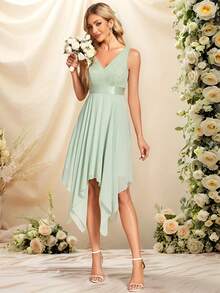 EVERPRETTY Sleeveless Double V-Neck Lace Bodice Hanky Hem Dress Elegant Cocktail Semi Formal Prom Sage Green Wedding Guest Dress For Birthday Graduation Dinner Homecoming Party Dress, For Valentine's Day - Mint Green - View 7