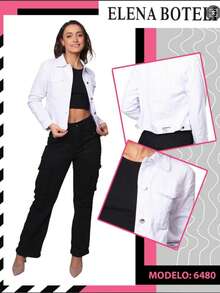 Chamarra de Mezclilla Negro Casual, Cazadora Denim, Estilo Urbano - Blanco - Ver 1