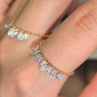 轻奢仙女风格不对称水滴流苏闪亮合成锆石吊坠可调节戒指 - 时尚青春配饰，奢华设计师珠宝