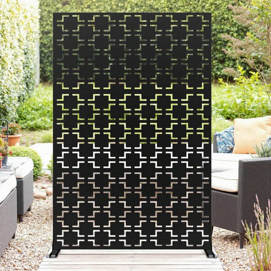 Metal Privacy Screen 72" H X 47" W, Outdoor Privacy Screens And Panels, Freestanding Decorative Fence For Patio Lawn Garden Deck Balcony, Home Outdoor Divider With Stand - 黑色/方形 - 查看 1