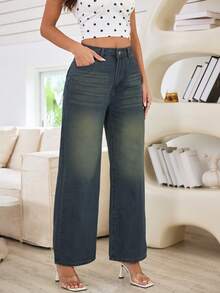 Women's Loose Button Front Wide Leg Plus Size Jeans, Casual And Fashionable-Fall Clothes For Women