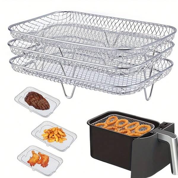 Grille à 3 niveaux pour friteuse à air, plateau déshydrateur empilable, panier de friteuse à air en acier inoxydable 304, accessoires de friteuse à air, lavable au lave-vaisselle, convient pour le four et la cocotte-minute, compatible avec la plupart des friteuses à air