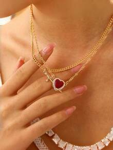 2 件欧美箭头穿孔红锆石心形吊坠项链女士锁骨链情人节礼物适合日常佩戴、约会派对、度假和节日