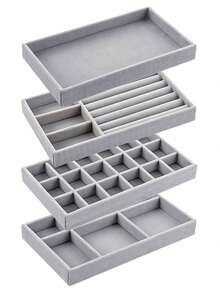 4-In-1 Velvet Jewelry Tray Set, Stackable Jewelry Box, Scratch-Resistant Decorative Multi-Compartment Jewelry Display Tray Drawer Style Jewelry Storage Tray Suitable For Jewelry, Necklace, Ring, Earring, Watch, Cosmetics, Gifts, Fit For Vanity, Bedroom Drawer, Holiday Jewelry Storage & Display - Multicolor - View 10
