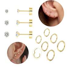Ensemble de boucles d'oreilles à tige plate en acier inoxydable 316L pour piercings multiples pour oreilles sensibles, boucles d'oreilles créoles petites en acier titane doré 14 carats hypoallergéniques avec petits clous CZ pour femmes, pour piercings de l'hélix, du rook, du daith, de la conque, du nez, des lèvres et du corps, tailles 16G, 8 mm, 10 mm, 12 mm