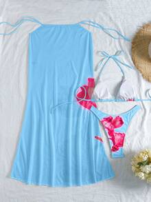 Bộ 3 món đồ bơi hoa dâm bụt màu vàng cho nữ trong những ngày hè từ hồ bơi đến bãi biển, bikini cơ bản thanh lịch trang trí hoa, khăn choàng Sarong đi biển - Màu xanh lam - Xem 4