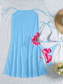 Set da 3 pezzi di costumi da bagno per donna e bambini, con motivo floreale di ibisco giallo, adatti per i giorni estivi da piscina a spiaggia, elegante bikini di base con copricostume sarong decorato a fiori come abbigliamento da spiaggia