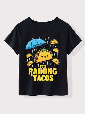 Young Boy Funny Letter Slogan & Cartoon Corn Graphic Print Round Neck Short Sleeve T-Shirt