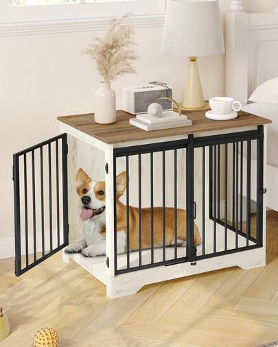 Dog Crate Furniture, 81 Cm Double Door Dog Crate With Barn Door, Dog Kennel Indoor, End Side Table Wooden Dog Crate For Small Medium Dog, Anti-Chew Anti-Escape