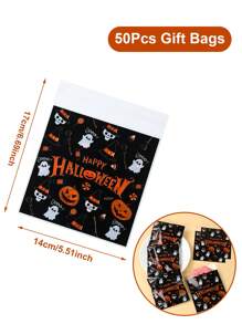 50 piezas de bolsas de regalo con cierre automático de 14*14cm con tema de Halloween, bolsas de caramelos transparentes con diseño de calabaza y espectro, bolsas desechables con tema de Halloween para empaquetar alimentos, postres, galletas, chocolates para la fiesta, decoración, obsequios y trucos o golosinas de Halloween