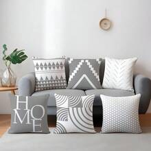 6pcs Minimalist Gray & White Geometric "Home" Decorative Pillow Covers, Single-Sided Printed Plush Fabric, 45*45/50*50/40*40CM Cushion Covers Suitable For Modern Living Room Sofa Decor, Gift, Party Decoration