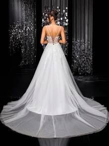 Vestidos de noiva elegantes com bordados em malha LVNES, com miçangas e lantejoulas, sem mangas e corte A - Branco - Ver 3