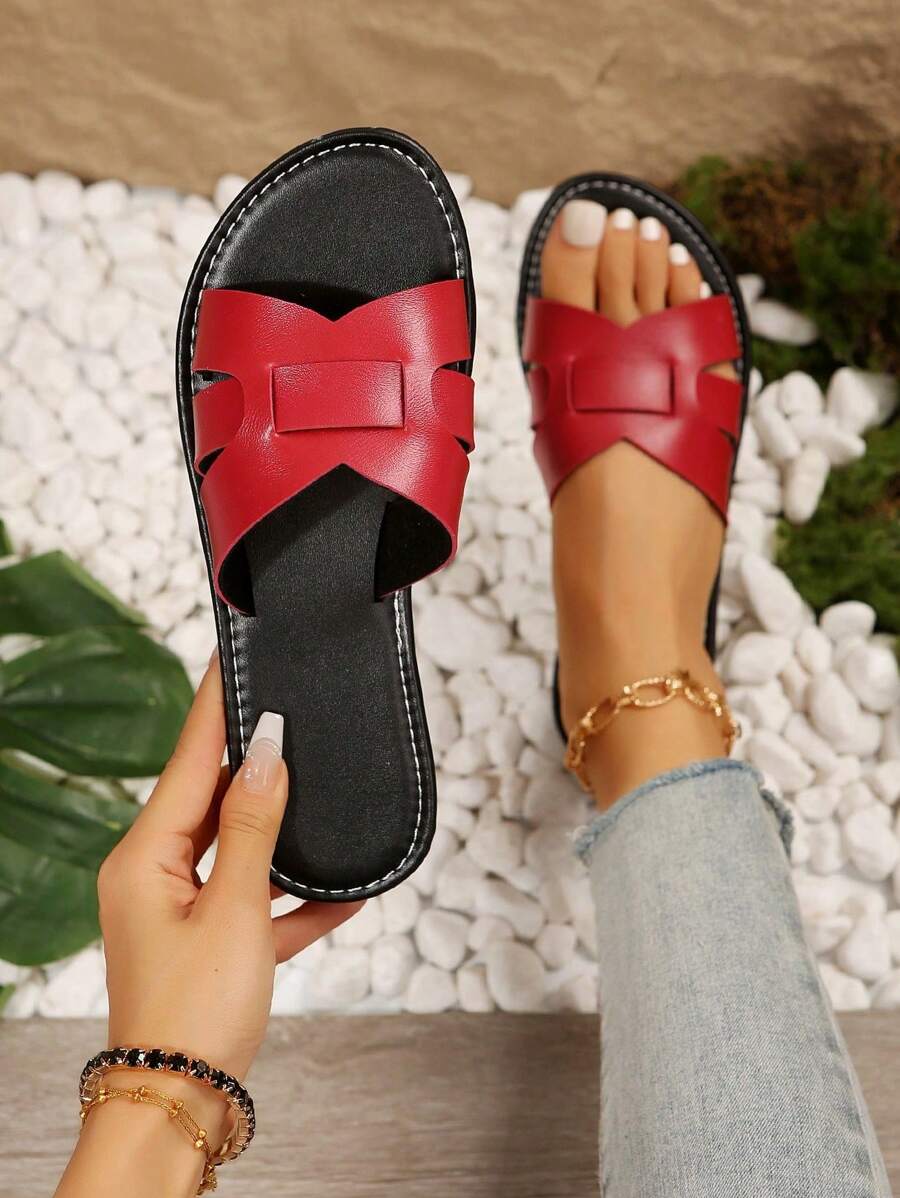New Plus Size Women Comfy Minimalist Round Toe Hollow Out Flat Slides Sandals, Casual Fashion Open Toe Beach Shoes For Summer