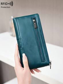 RFID屏蔽大容量女士钱包，复古拉链钱包，柔软皮革长款钱包，带多个卡槽和身份证窗口，可存放信用卡/身份证/现金/手机，绗缝细节卡包手拿包，适合商务和休闲场合。 - 水鴨藍 - 查看 5