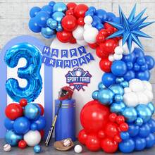 Decoraciones para fiesta de cumpleaños de deportes/béisbol: Arcos de globos en azul marino, rojo y blanco, globos de número 32" en azul marino, guirnaldas de borlas, apropiado para decoraciones de fiesta de cumpleaños con tema de béisbol