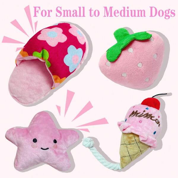 4Pcs Dog Squeaky Toys Bulk For Small Puppy Dog Stuffed Plush Chew Toys Small Medium Dogs PET Toys With Squeakers For Puppies Teething Cute Style PINK Interactive Squeak Toys For Fun Teeth Cleaning Small Stuffed Puppy Chew Toys-Pink Star, Strawberries, Slippers, Ice Cream Dog Cat Toys