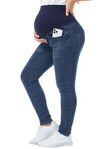Women's Maternity Jeans Over Belly Skinny Stretchy Denim Pants Comfy Slim Pregnancy Pants - Xanh đậm - Xem 1