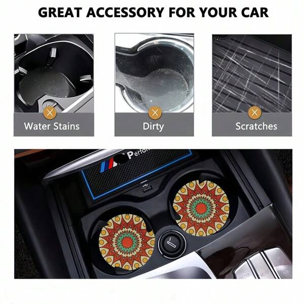 2pcs Flower Print Car Cup Holder Coasters, Anti-Slip Shockproof Universal Fashion Car Coasters, Insert Interior Accessories, Party Gift