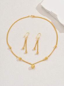 3 件套镀金几何串珠设计项链和耳环套装，适合女士派对、订婚佩戴 - 金色 - 查看 9