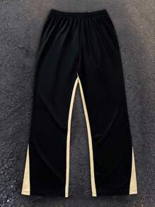 Men's Contrast Color Elastic Waist Casual Pants, Suitable For Casual, Commute, Back To School, Great Gift For Husband Or Boyfriend, Unisex Couple Matching Baggy Pants, Summer, For Rave, Fall