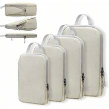4 Set Compression Bags Travel Storage Organiser Suitcases Packing Cubes Luggage - Beige - View 12