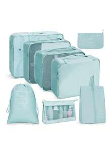 7/8 pièces Ensemble d'organisateur de voyage - Sacs de rangement multifonctionnels, sac à pinceaux de maquillage, sac à cosmétiques, sac à produits de soins de la peau, sac à vêtements, sacs à fermeture éclair, sac fourre-tout, sac à mailles, sac à chaussures, sac à bouteille, sac à cordon, sac général, sac à lingerie, organiseur de bagage, organiseur de bijoux, trousse de toilette. Grande capacité, portable, maille, gain de place, convient au rangement des vêtements, pantalons, sous-vêtements, cosmétiques, articles de toilette, chaussures, nécessités quotidiennes, organisation des voyages