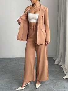 Women's Elegant Solid Color Blazer And Pants Set - Khaki - View 5