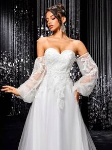 露肩长袖蕾丝婚纱，优雅薄纱新娘礼服，适合新娘、晚礼服和毕业礼服 - 白色 - 查看 6