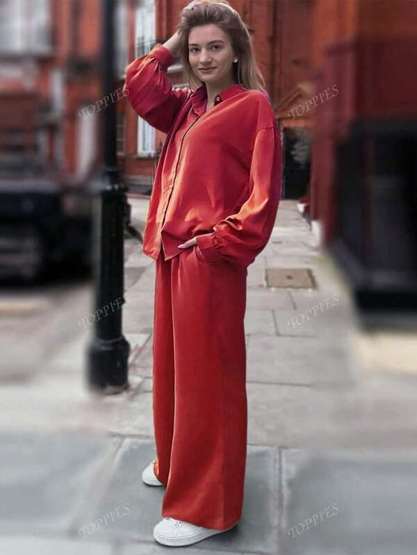 Women's Solid Color Drop Shoulder Long Sleeve Single-Breasted Shirt And Pants Casual Suit