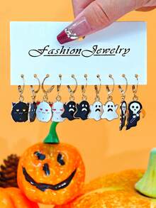 10件/40件新款欧美跨境万圣节系列耳环，可爱恐怖风格金属珐琅南瓜、鬼、蝙蝠、蜘蛛吊坠耳环套装女