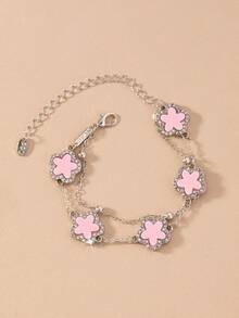 1pc Five Petal Flower Style Double Layer Anklet With Random Beads, Fashion Beach Style, Women Holiday Gift - Pink - View 3