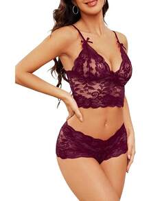 Floral Lace Lingerie Set High Waist Sleepwear Bra And Panty 2 Piece Nightwear 2025 Back-To-School Season Fall Pjs - 酒紅色領結 - 查看 2
